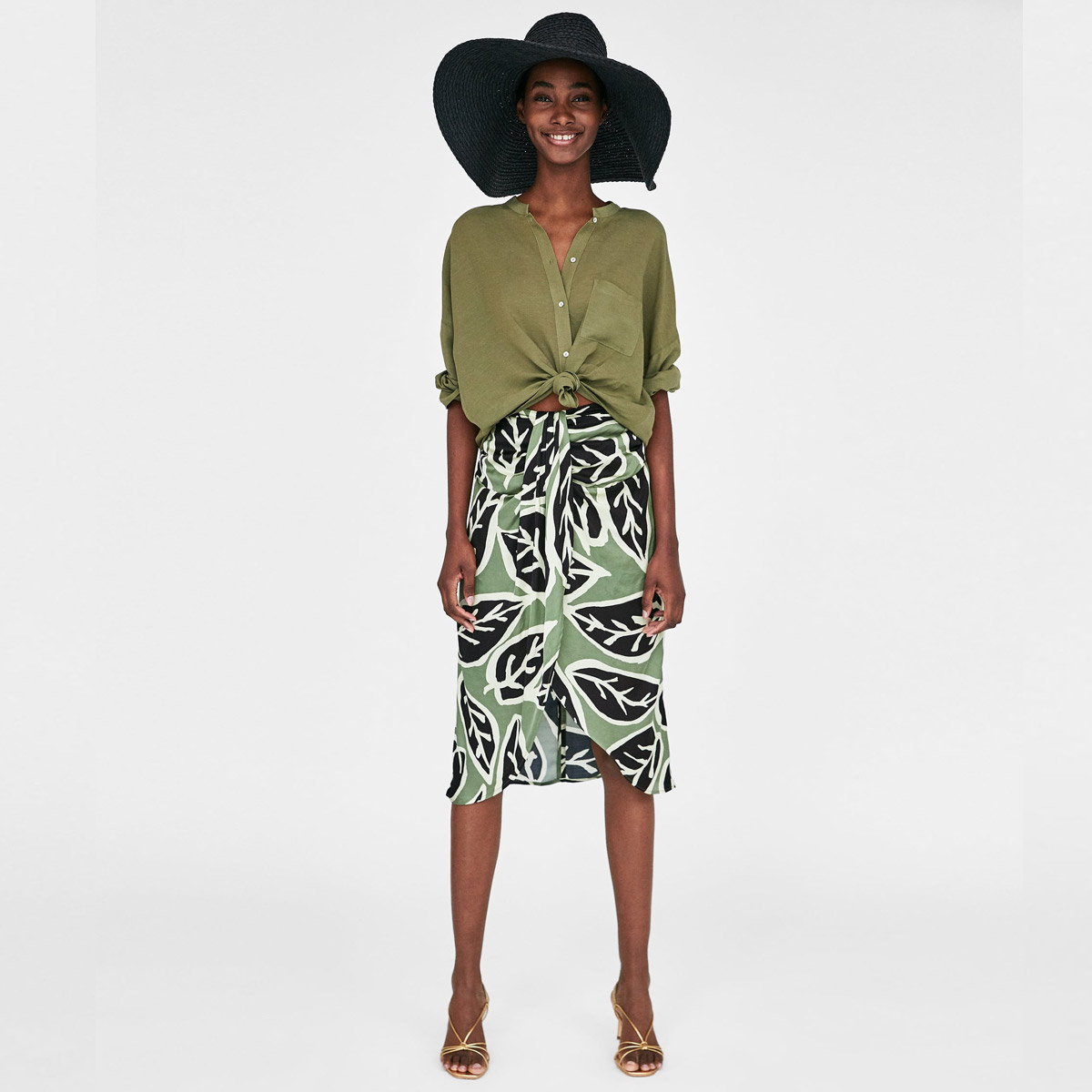 Leaf Print Midi Skirt